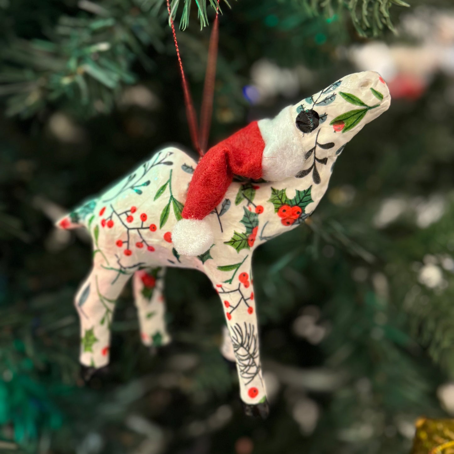 Handmade Christmas Santa Camel Ornament with Winter Berries - Unique Souvenir & Gift