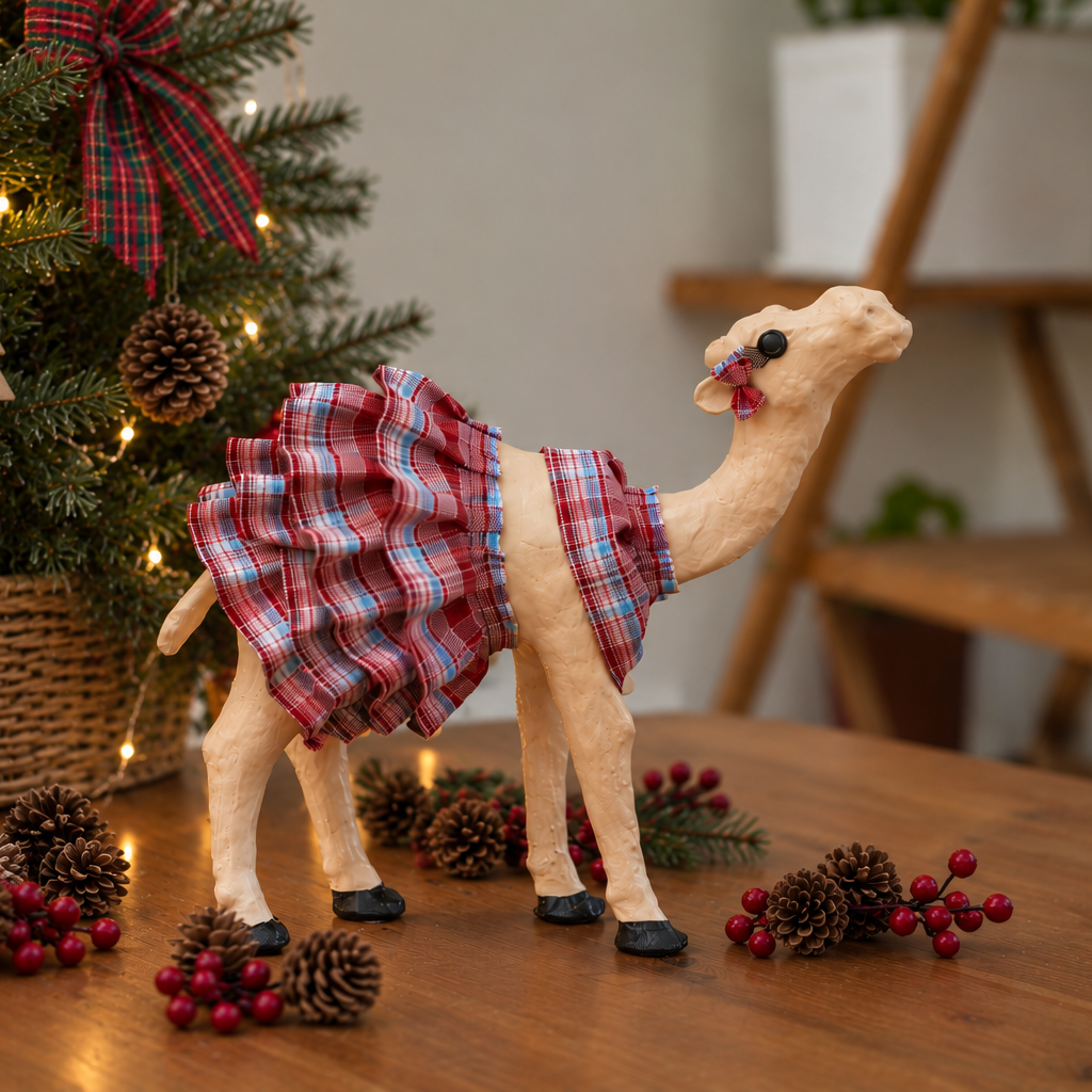 Handmade Christmas Camel – Red & Blue Scottish Tartan Plaid Ruffle Design