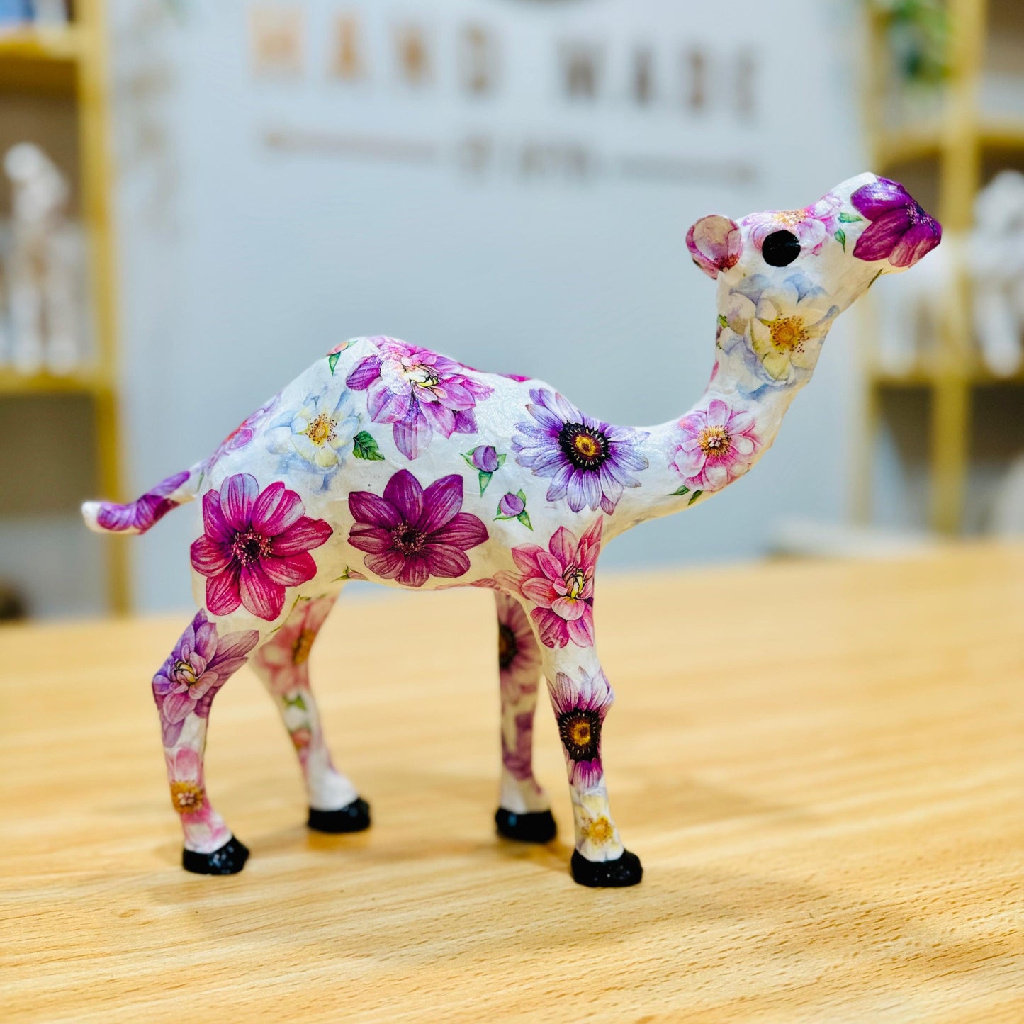 Handmade Camel with Purple Dahlia Flowers - Unique Decoration & Gift