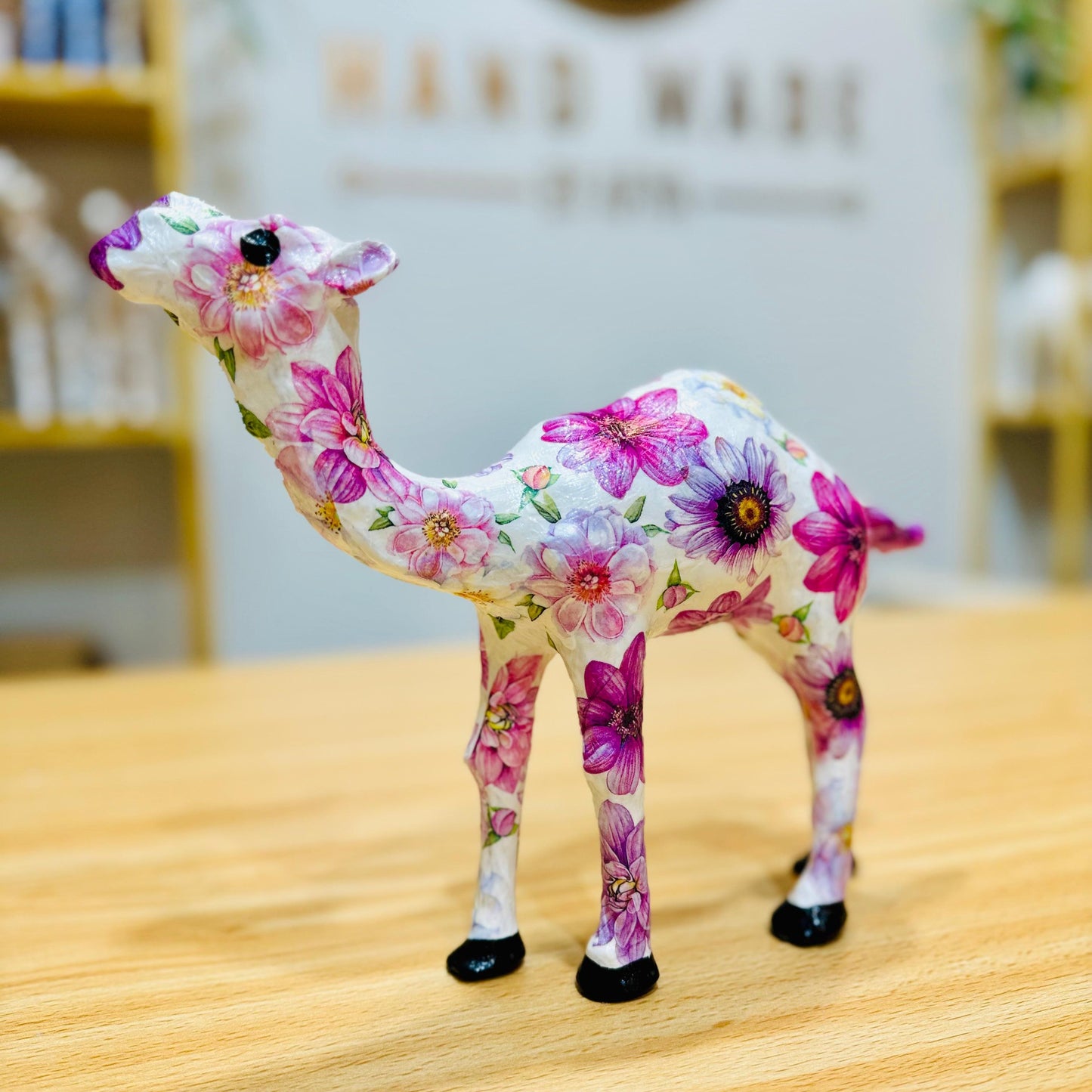 Handmade Camel with Purple Dahlia Flowers - Unique Decoration & Gift