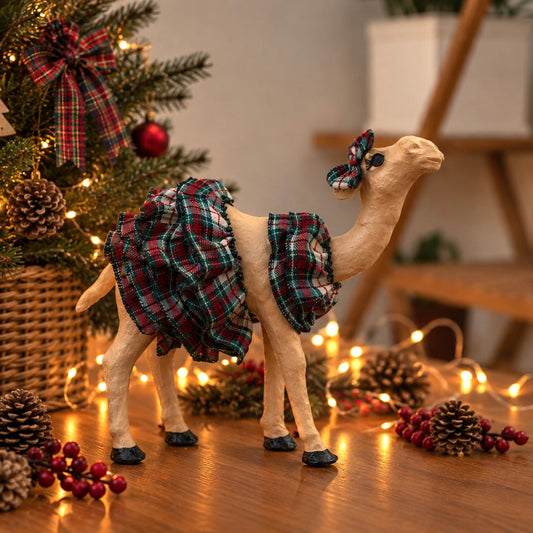 Handmade Scottish Tartan Christmas Camel – Classic Plaid Ruffle Design
