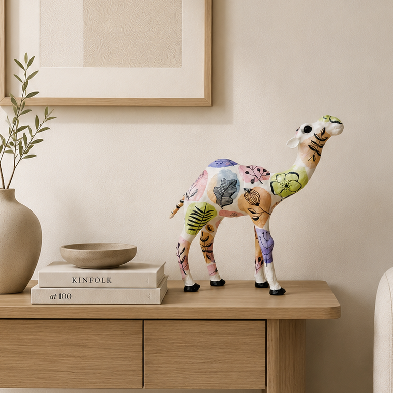 Handcrafted Pastel Botanical Camel | Modern Floral Home Décor & Personalized Gift