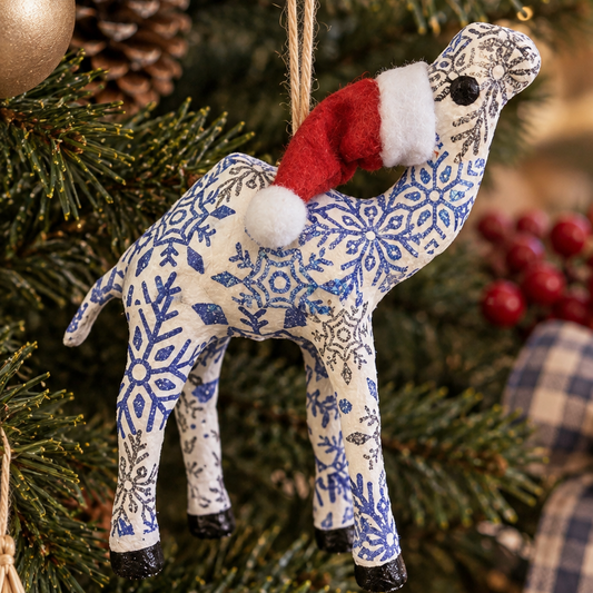 Handcrafted Christmas Santa Camel Ornament with Nordic Blue Snowflakes - Unique Souvenir & Gift