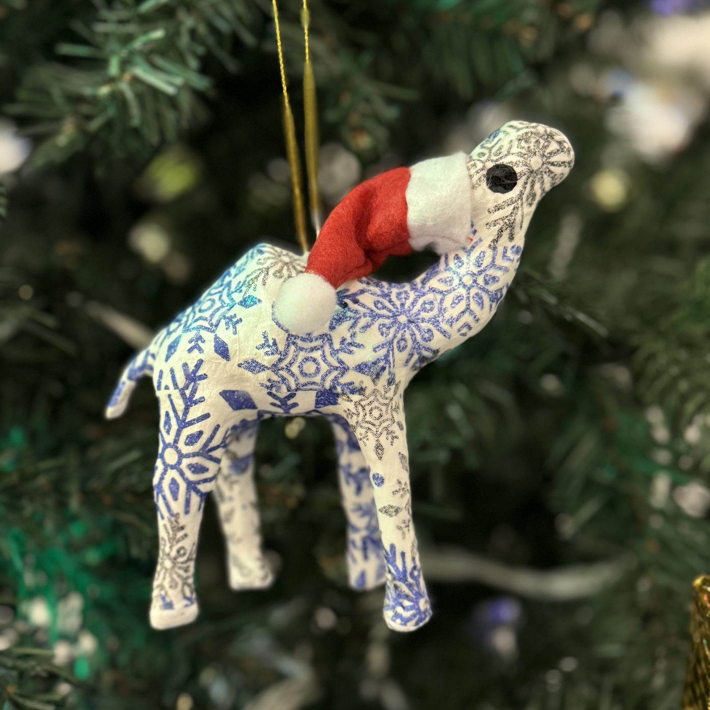 Handcrafted Christmas Santa Camel Ornament with Nordic Blue Snowflakes - Unique Souvenir & Gift