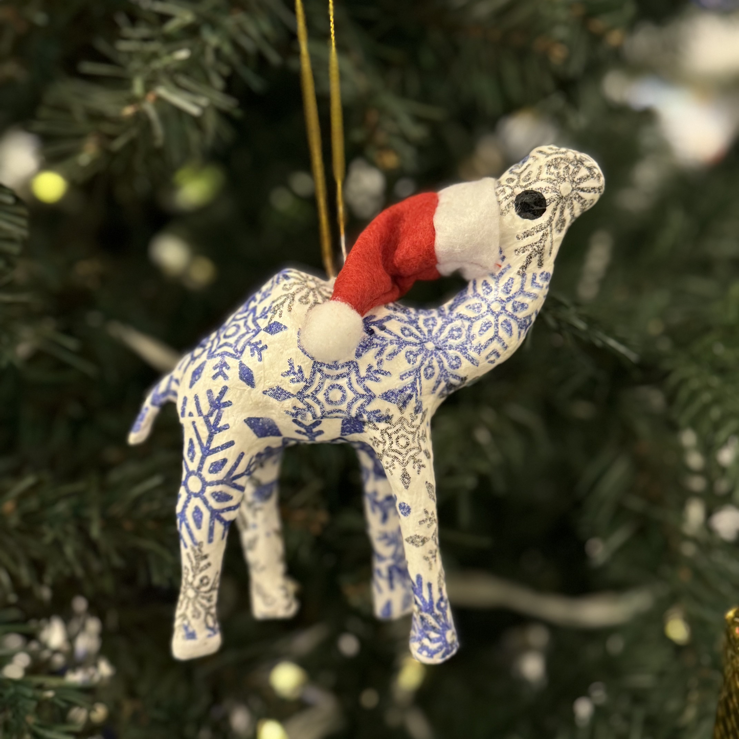 Handcrafted Christmas Santa Camel Ornament with Nordic Blue Snowflakes - Unique Souvenir & Gift