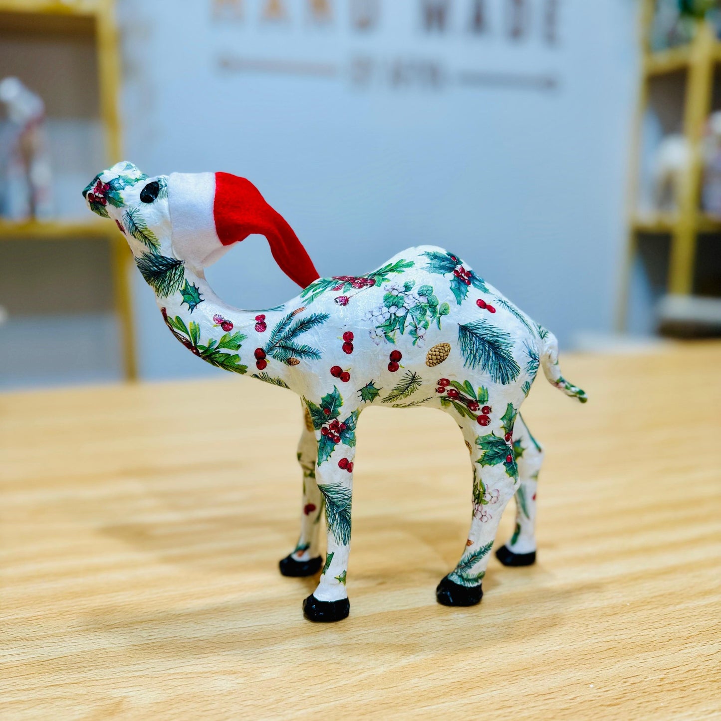 Handcrafted Camel with Winter Greenery in White - Christmas Decoration & Gift