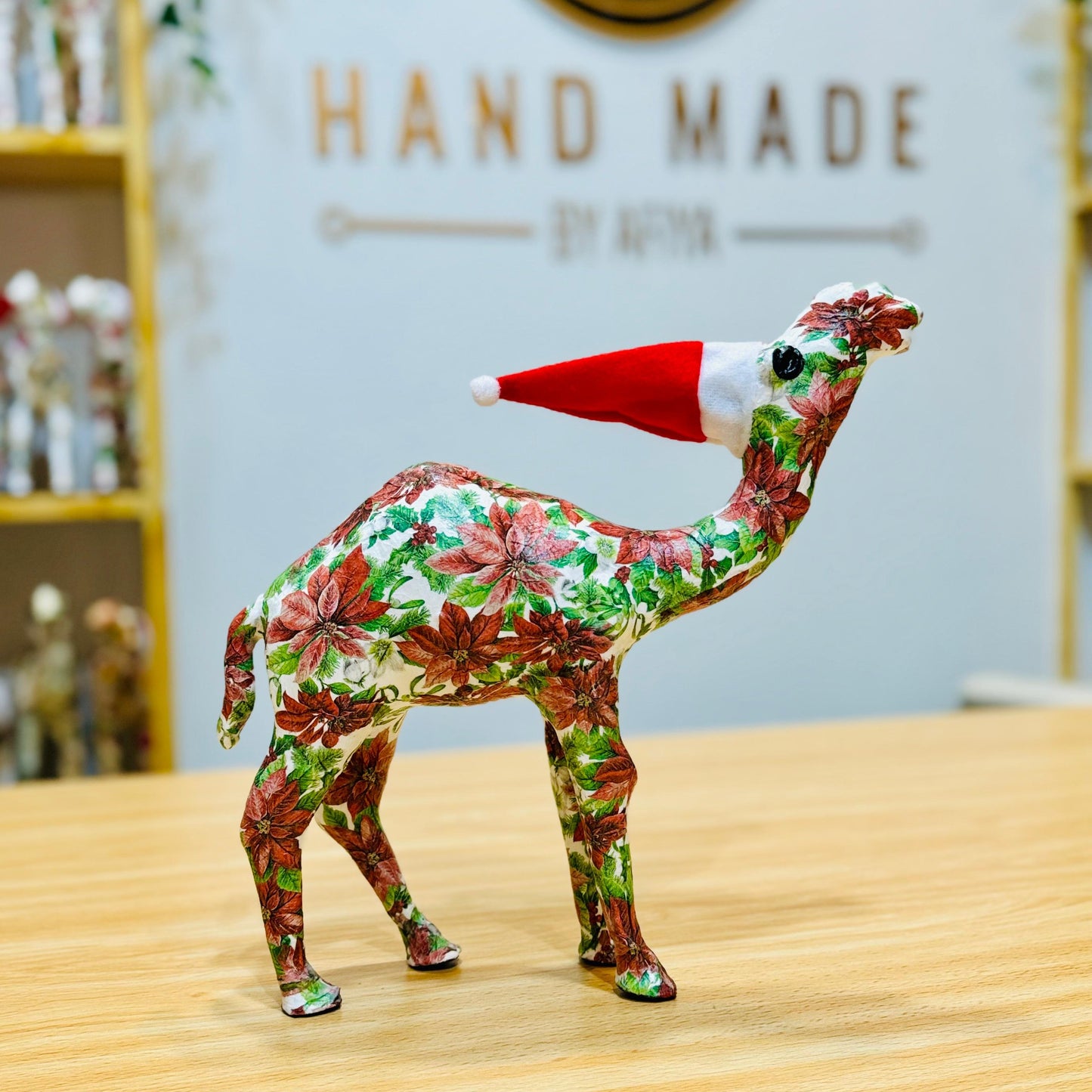 Handcrafted Christmas Camel with Poinsettia Flowers - Holiday Decoration & Gift