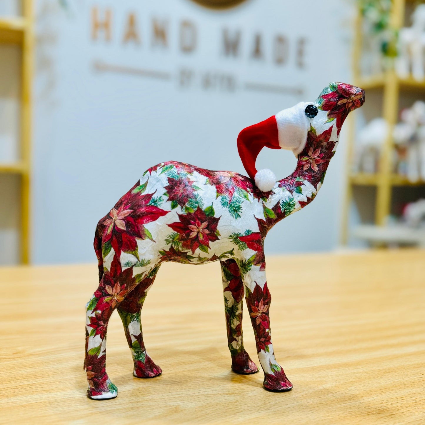 Handcrafted Christmas Camel with Christmas Poinsettia - Holiday Decoration & Gift