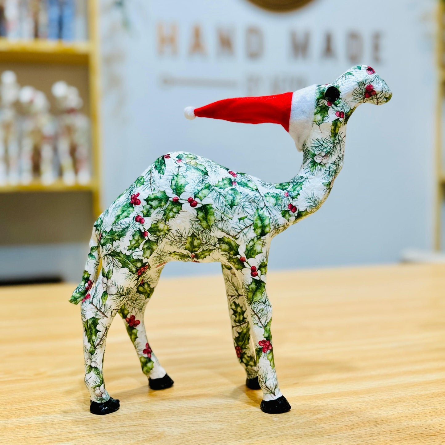 Handcrafted Christmas Camel with Holly - Holiday Decoration & Gift