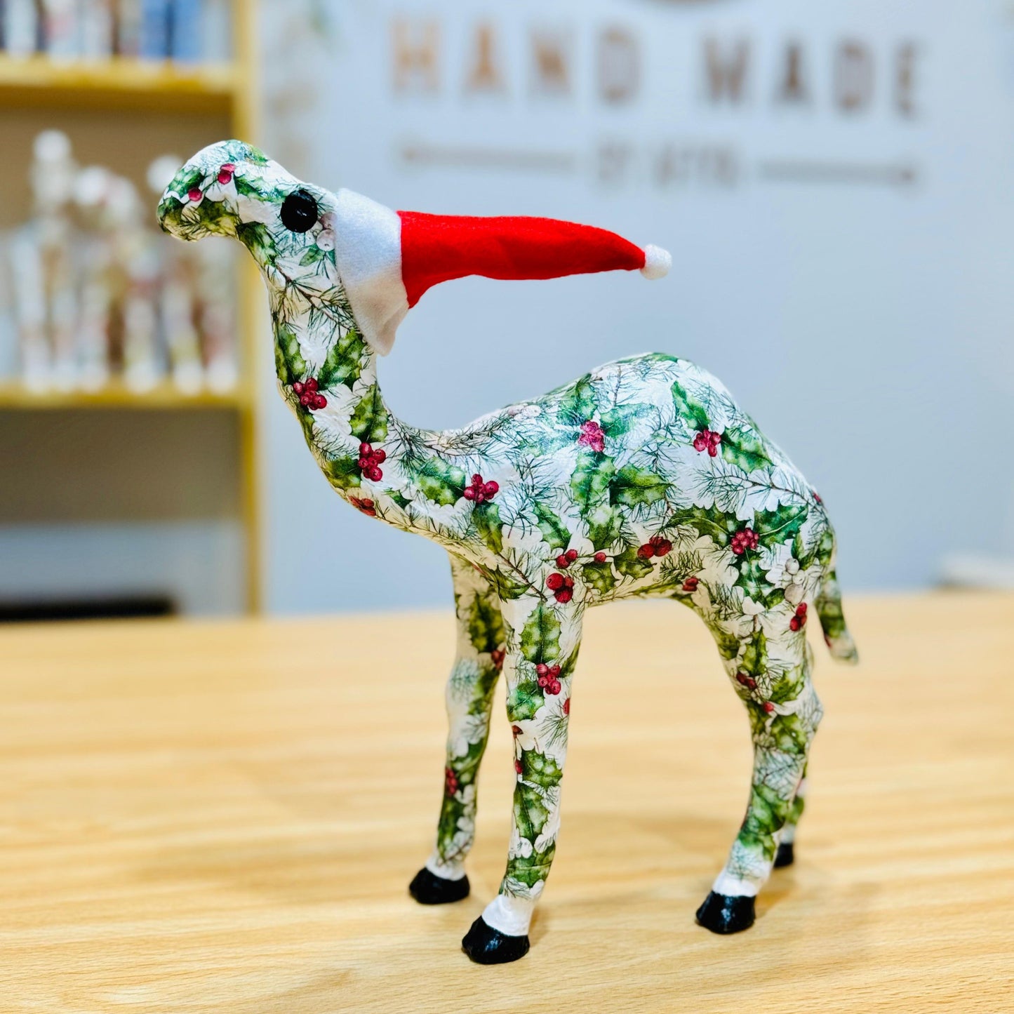 Handcrafted Christmas Camel with Holly - Holiday Decoration & Gift