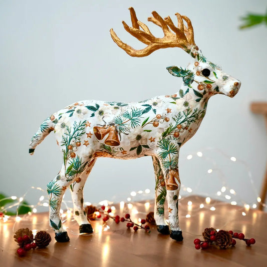 Handmade Christmas Reindeer Figurine – Gold Antlers & Botanical Festive Design