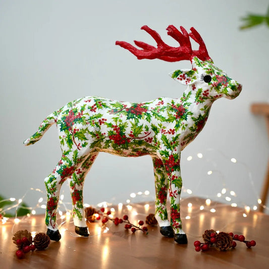 Handmade Christmas Reindeer Figurine – Red Antlers & Festive Holly Berry Design